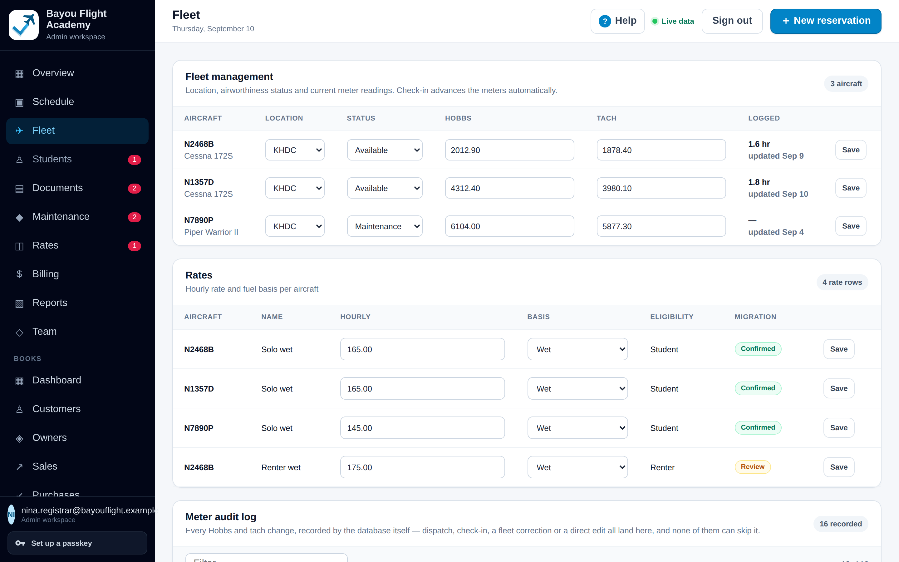 Fleet page listing each aircraft with base, status, current Hobbs and tach, and rate, with the meter audit table below.