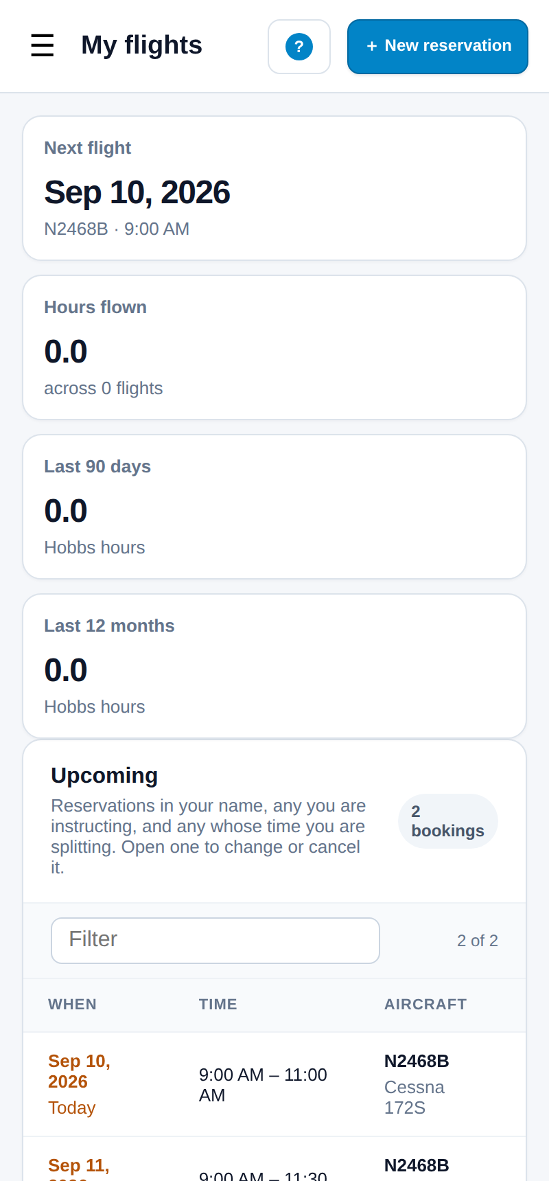 My flights on a phone: next lesson, hours flown, upcoming lessons and completed flights with Hobbs readings.