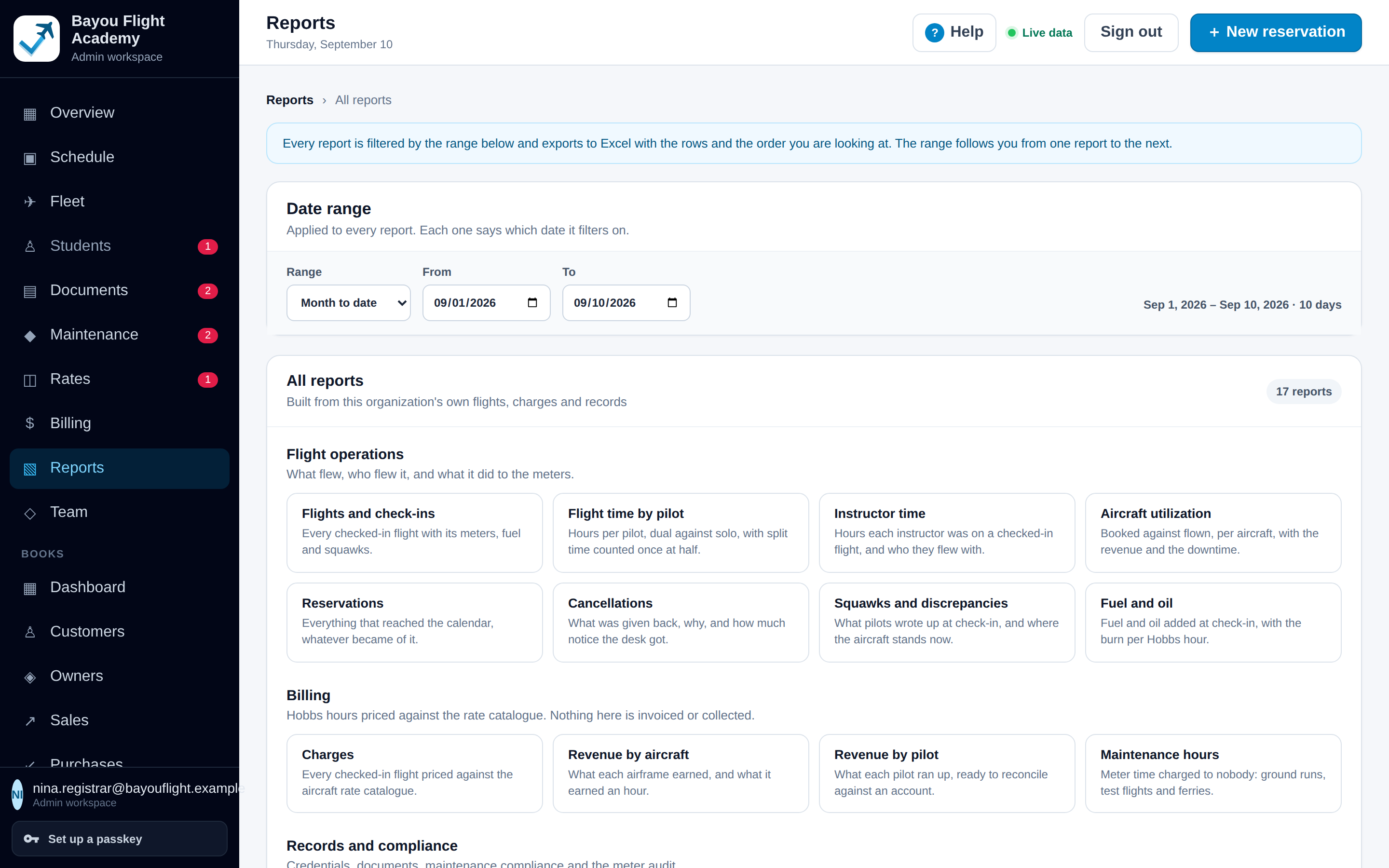Reports index: a date range that applies to every report, then 17 report cards grouped into flight operations, billing, and records and compliance.